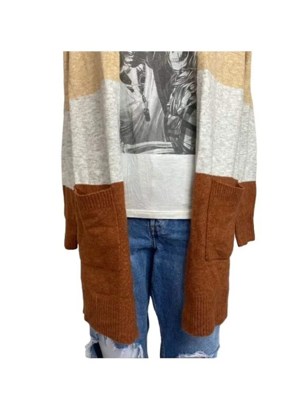 A New Day Colorblock Open Front Cardigan XS Beige Gray Brown Pockets Lightweight - Picture 3 of 10